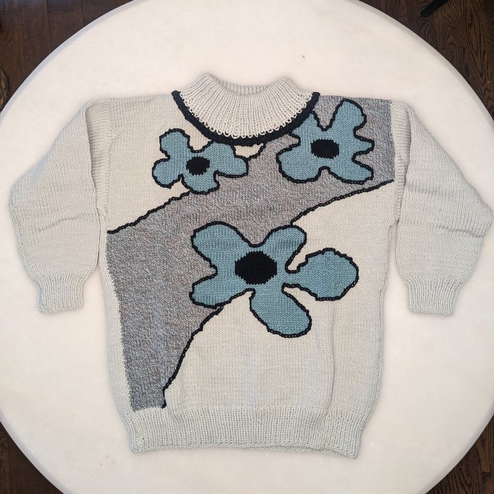 80s Hand Knit Vintage Graphic Floral Turtleneck Sweater L